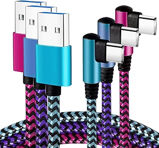 Teeind USB Type C Cable 2.1A Fast Charging: [90 Degree/6ft/3Pack] Nylon USB C Cord Right Angle Compatible with Samsung Galaxy S10/S10e/9/Note 10, USB C Charger-Blue/Magenta/Purple