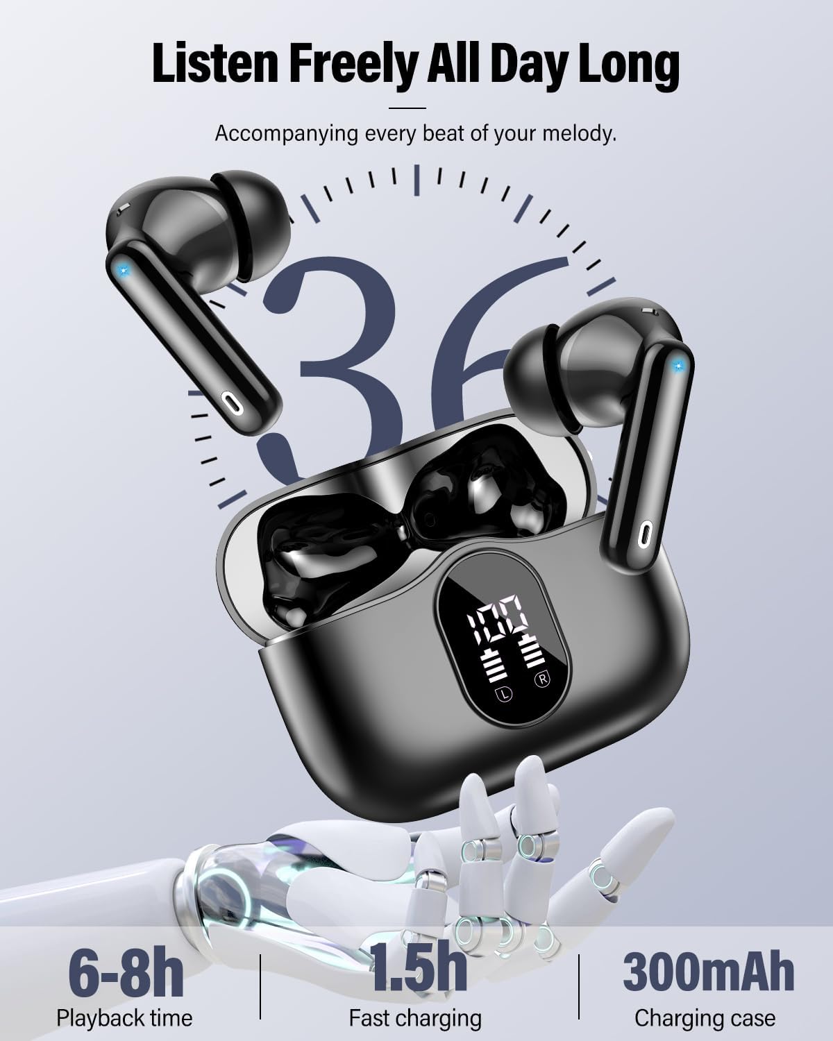 Wireless Earbuds, Bluetooth 5.4 Headphones Bass Stereo, Ear Buds with Noise Cancelling Mic, LED Display in Ear Earphones Clear Calls, IP7 Waterproof Bluetooth Earbuds for Phones/Sports/Laptop, Black — ChinaHub
