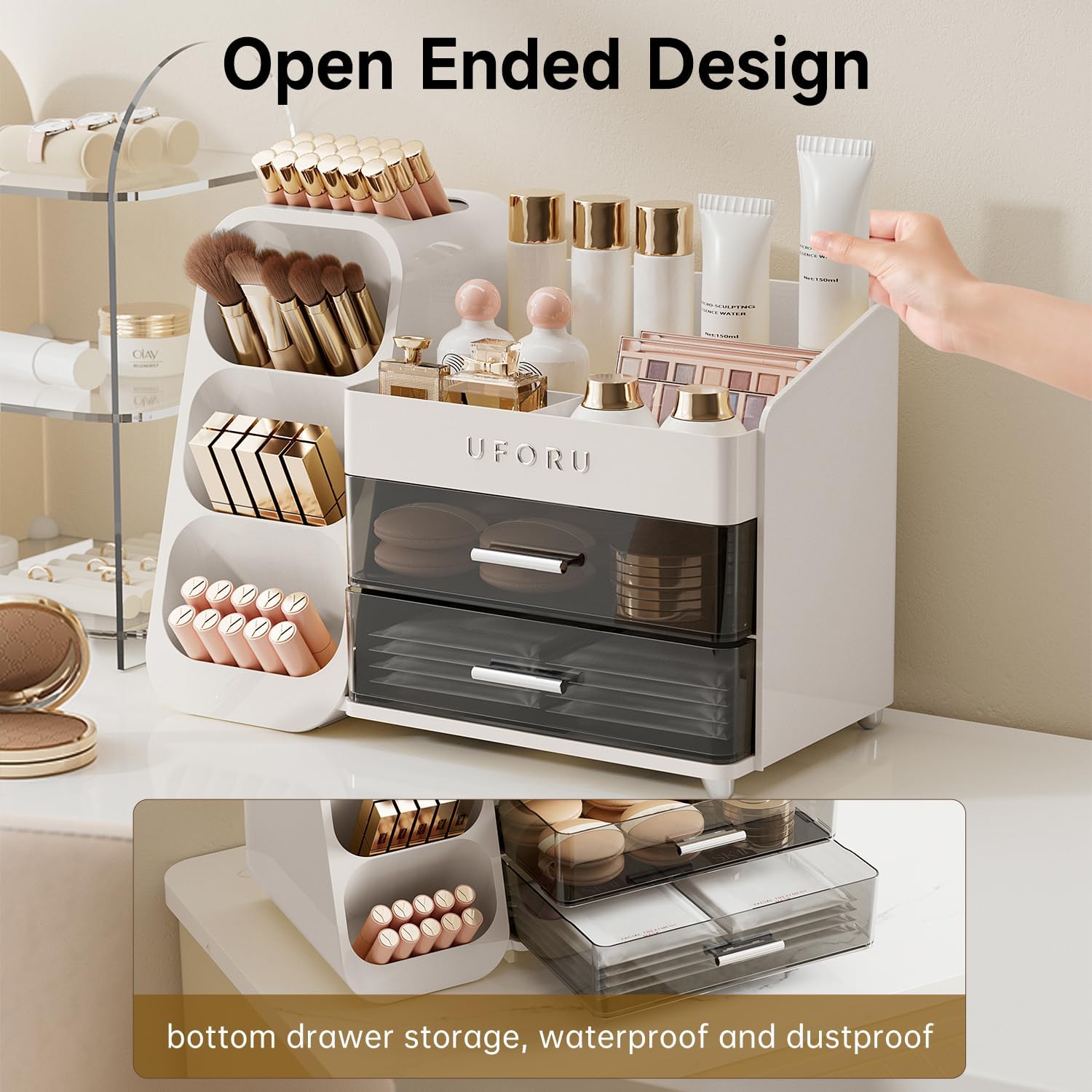 Makeup Organizer for Vanity with Brush Holder, Countertop Skincare Organizer with 2 Drawers, Spacious Cosmetic Display Case for Perfumes, Eyeshadow Palettes, Nail Polishes — ChinaHub